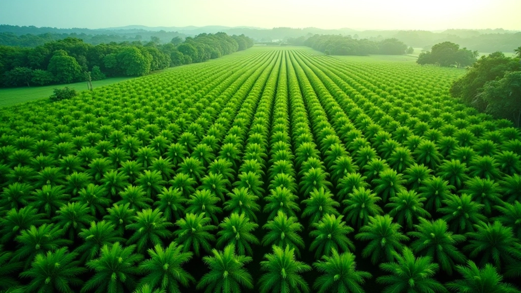 Aerial view of sustainable palm oil plantation with mature trees and organized rows in Malaysian landscape