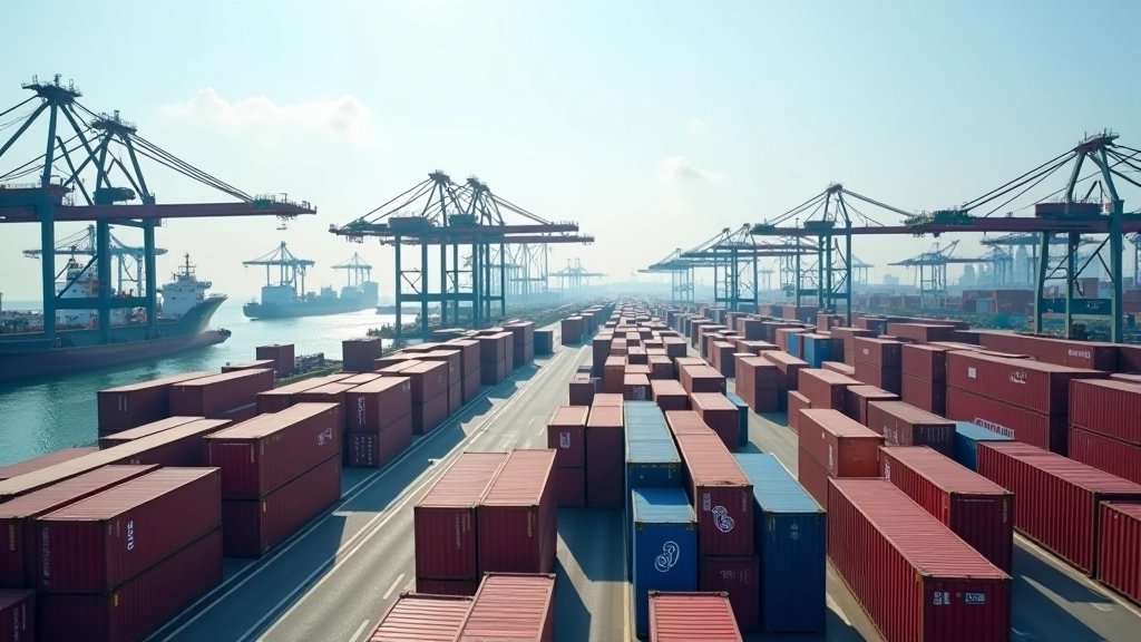 Global shipping port with cargo containers and bulk carriers loading refined palm oil for international export