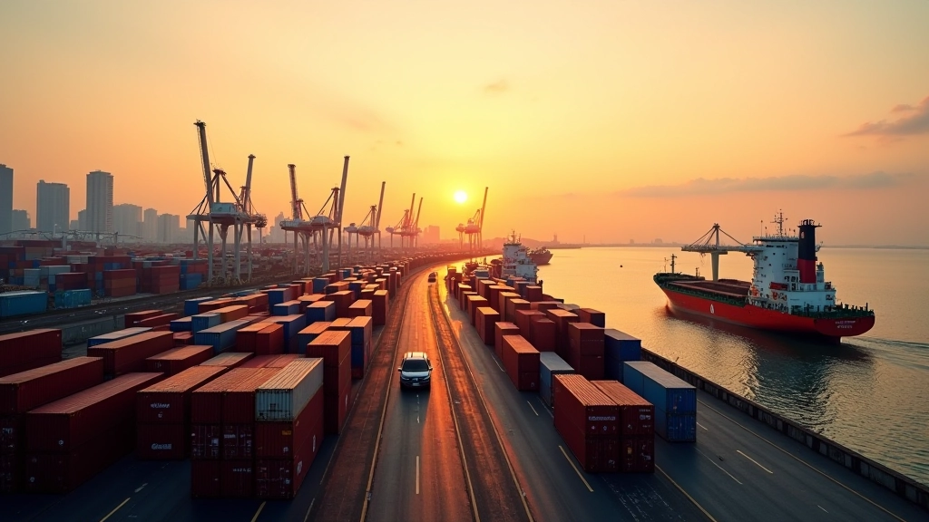 Modern port facility with cargo containers and shipping vessels at sunset, representing Malaysia's international trade infrastructure