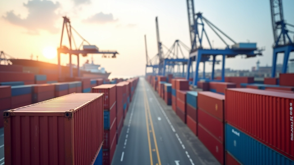 Cargo containers stacked at modern port terminal with ships in background, representing ASEAN regional trade logistics
