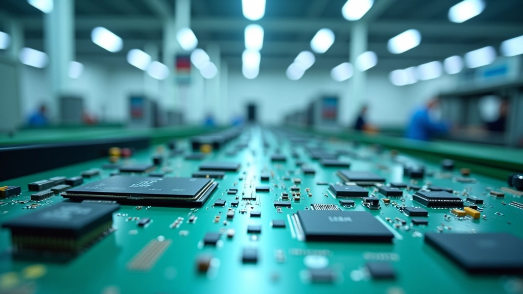 Electronics manufacturing facility with circuit boards, semiconductor components, and precision assembly equipment