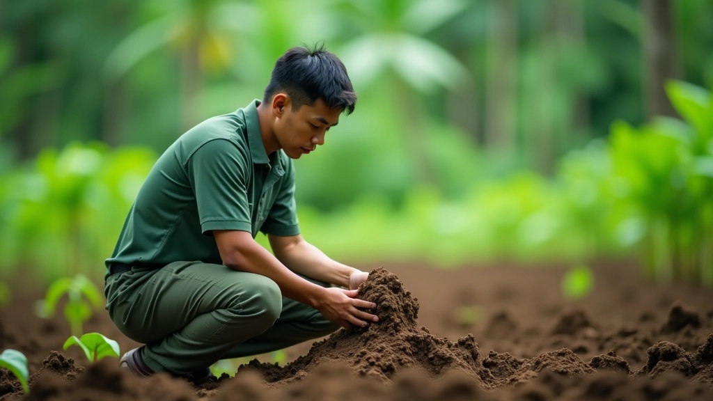 Environmental scientist conducting field research and soil testing in sustainable palm oil plantation with forest conservation area