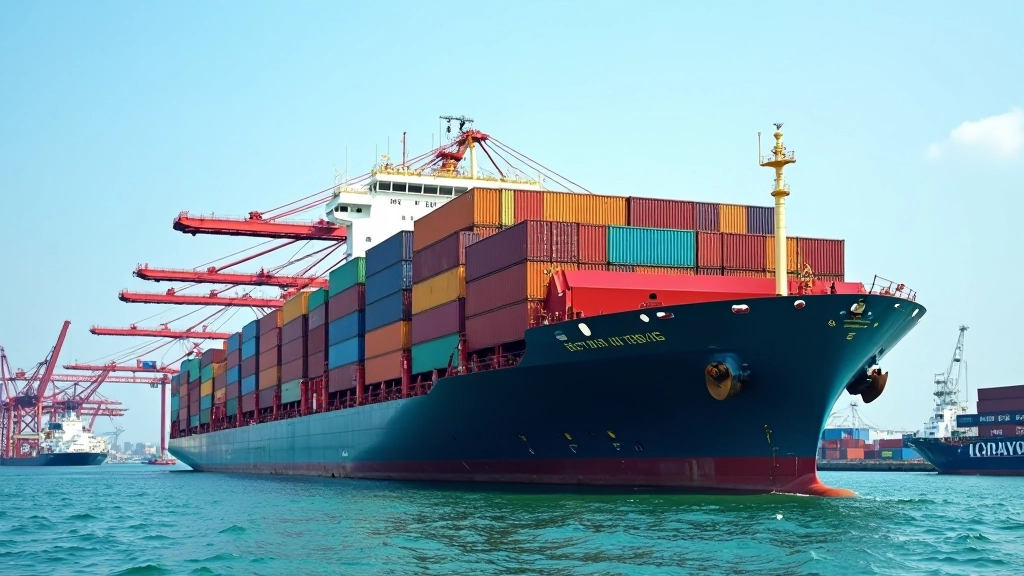 International cargo ship loaded with shipping containers in busy port terminal with cranes
