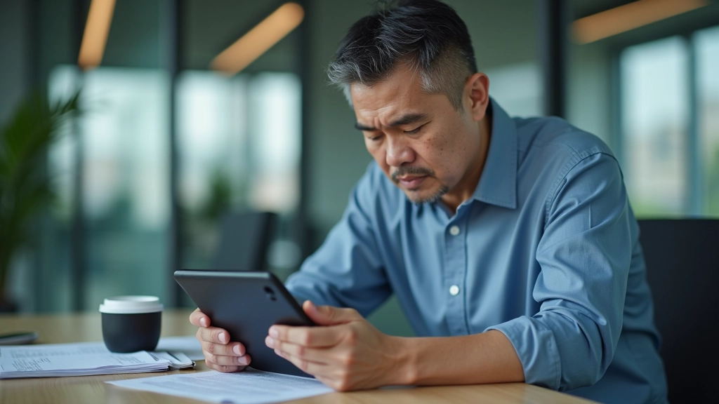 Business professional reviewing trade statistics and tariff reduction data on tablet device at desk