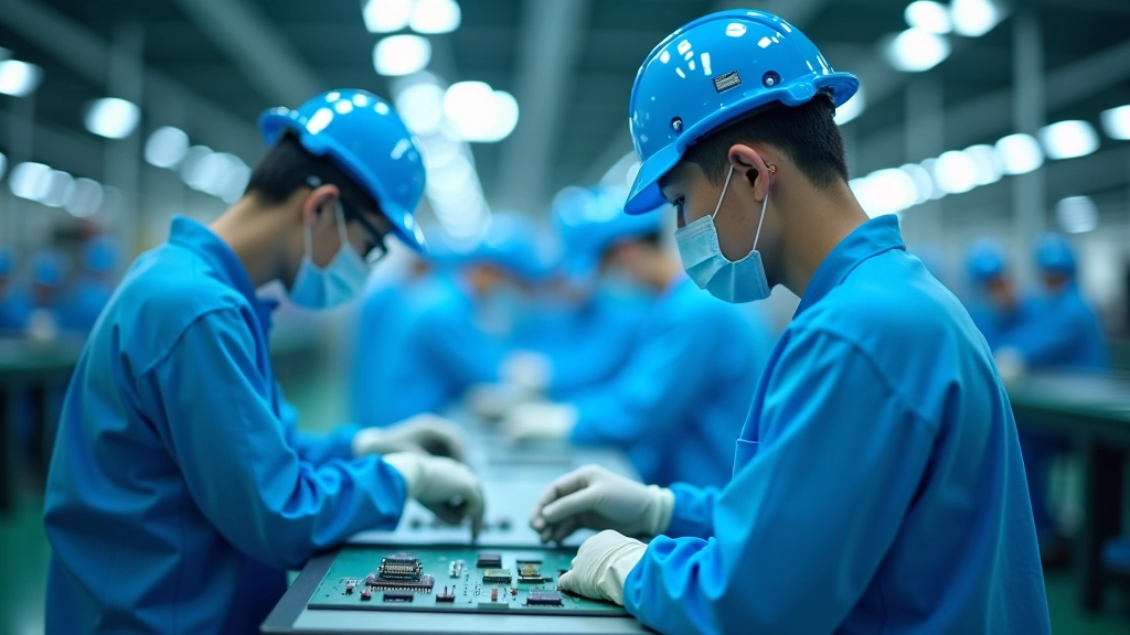 Manufacturing facility floor showing electronics assembly production line with workers in protective gear