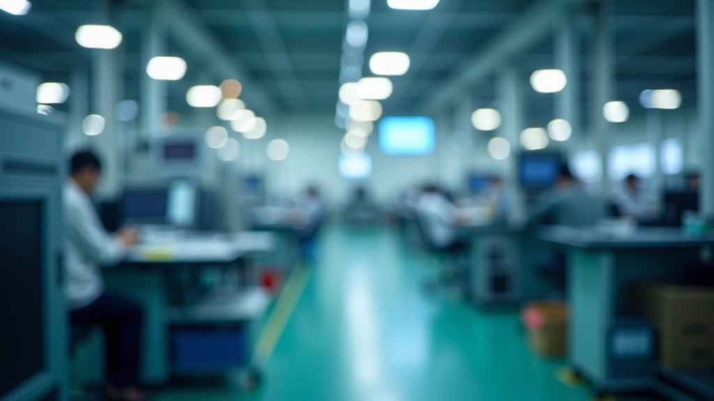 Modern manufacturing facility interior showing automated production lines, robotic assembly systems, and industrial equipment with worker supervision