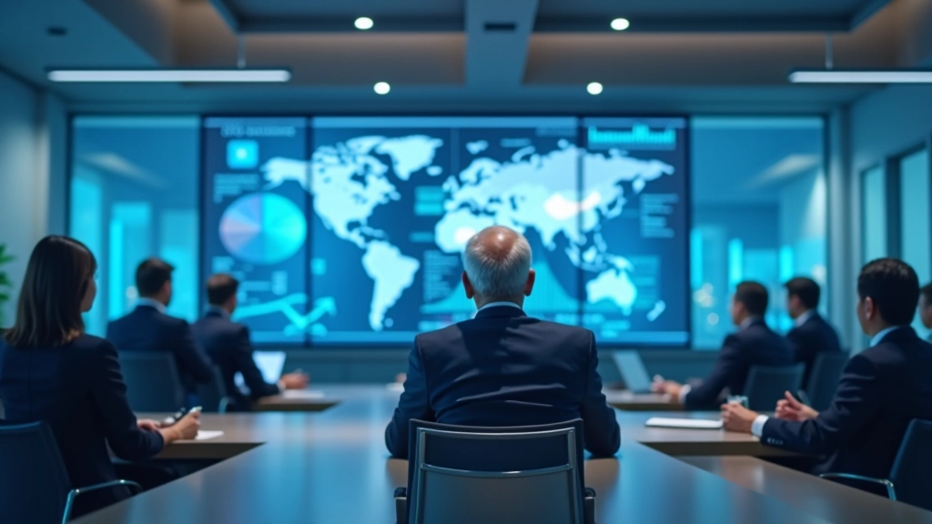 Modern international trade center with global market data displays and professional business environment