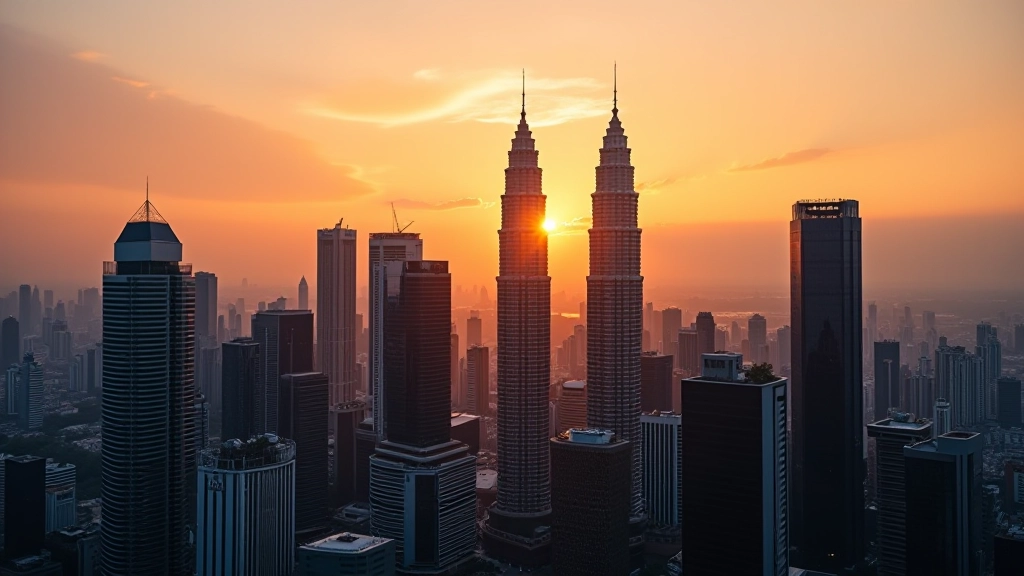Modern office building in Kuala Lumpur skyline during sunset with Malaysian flag visible