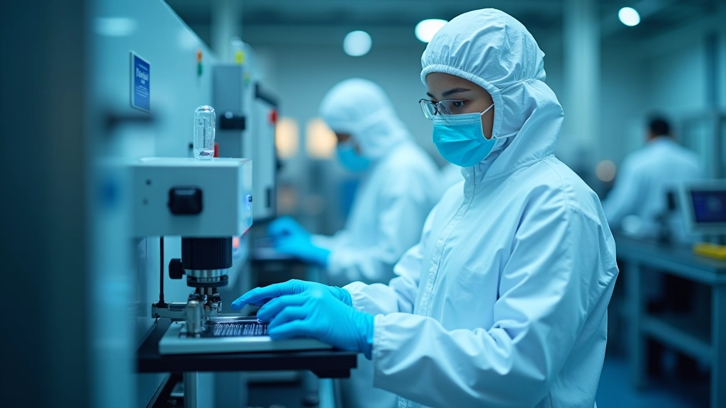 Modern semiconductor manufacturing clean room with workers in protective suits operating advanced machinery and quality control systems